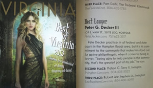 Virginia Living Magazine names Pete Decker III "Best Lawyer" in Eastern Virginia